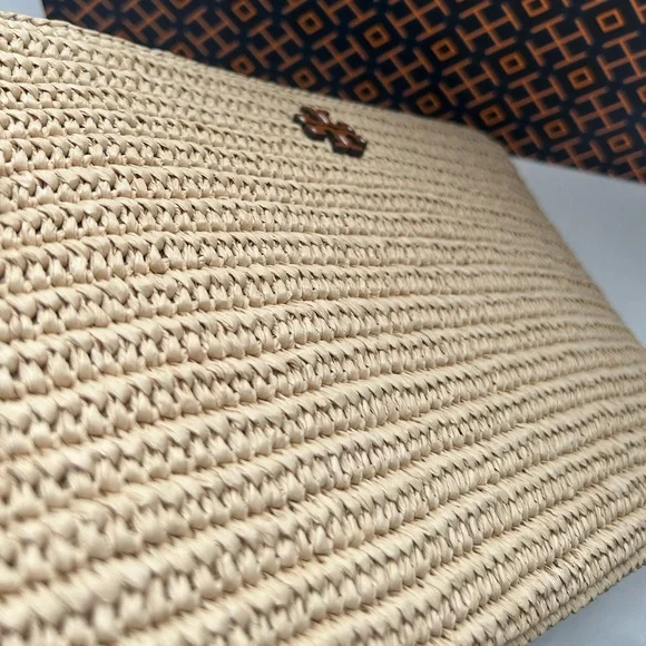 Tory Burch Thea Raffia Pouch Wristlet Bag Coffee Cream - Picture 8 of 11